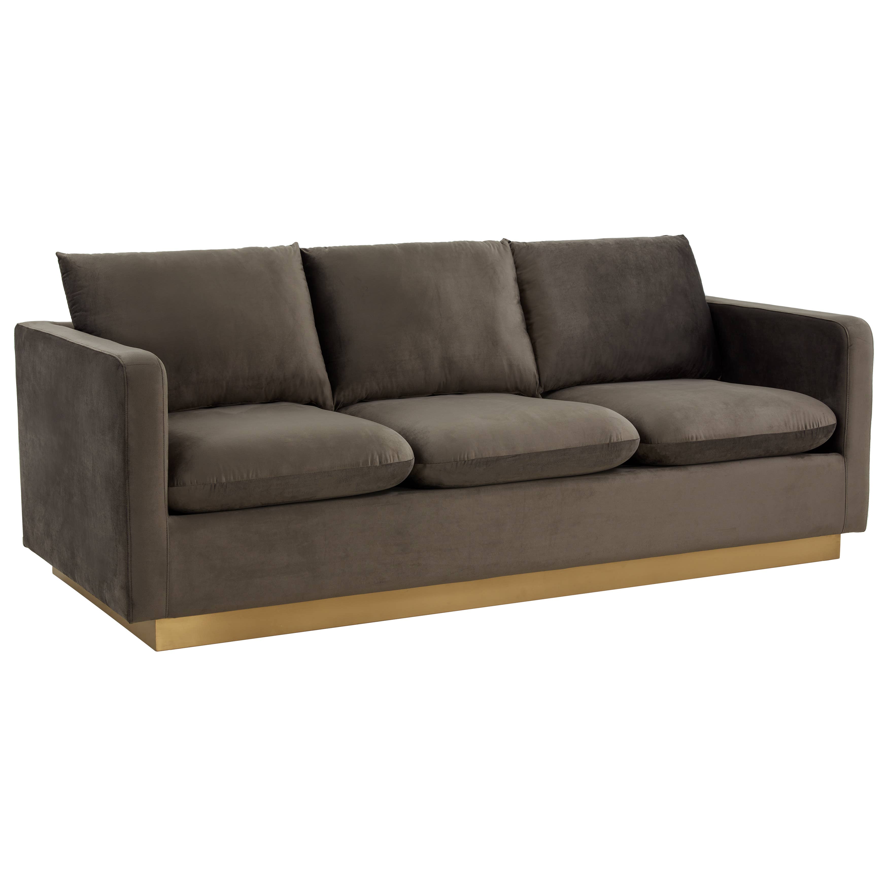 LeisureMod - Wholesale Sofa - Nervo 3-Seater Velvet/Leather Full Sofa with Gold Steel Base0