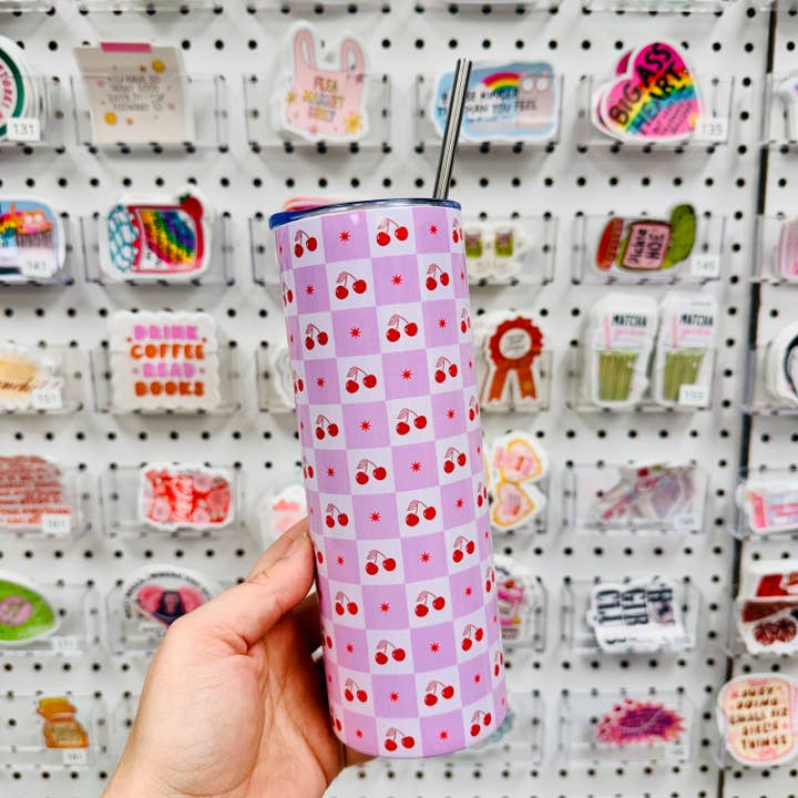 Bicchiere Skinny da 20 oz, Motivo a Quadri Ciliegia per la vendita all'ingrosso da parte di Sonny Rising