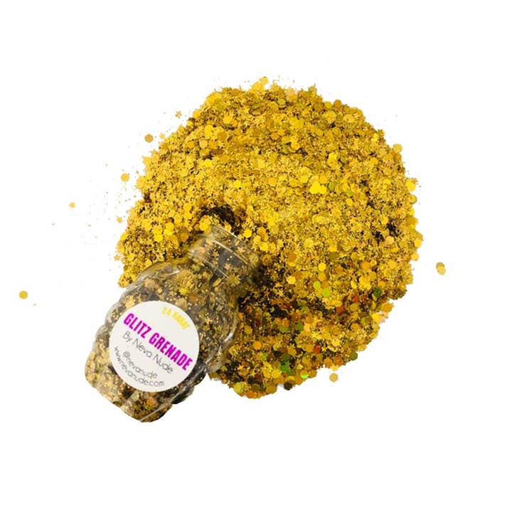Gold 24 Karat Cosmetic Glitter Glitz Grenade Keychain in Aloe Gel for wholesale on Faire