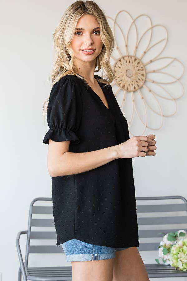 7th Ray - Vendita all'ingrosso Camicetta - Donna - Blusa a maniche corte con volant e scollo a V con pois svizzeri T46832