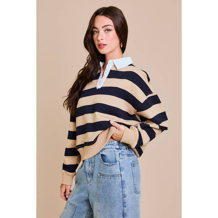 TAUPE NAVY STRIPE COLLARED CROP RUGBY SWEATSHIRT for wholesale on Faire1