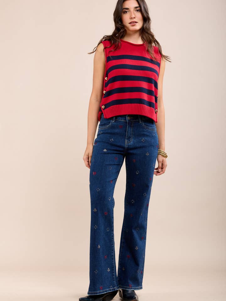 Toxk3 pantalon jean bootcut taille haute motifs poker strass for wholesale by Toxik3