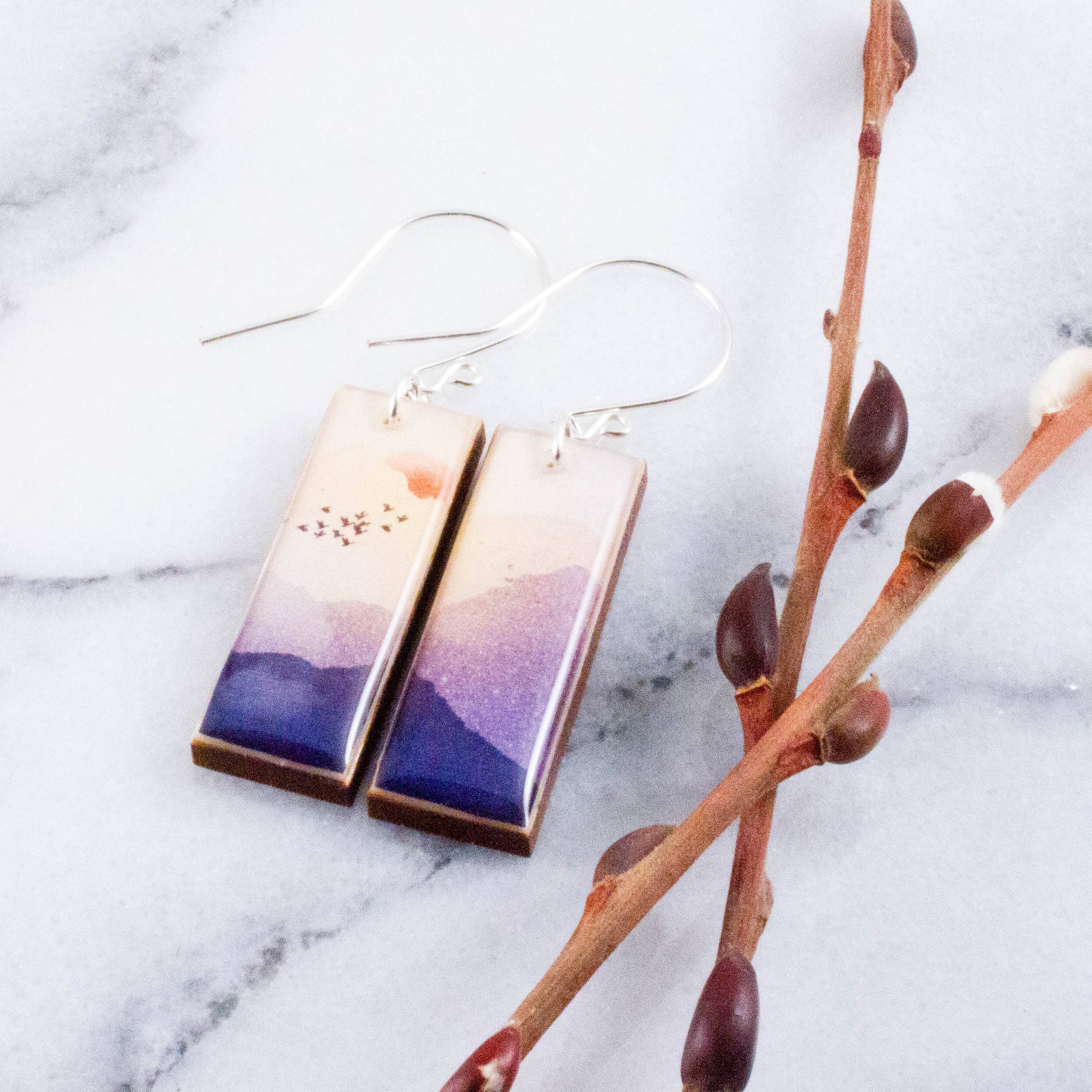 No Man's Land - Wholesale Dangle Earrings - Serene Mountain Sunrise Rectangle Earrings1