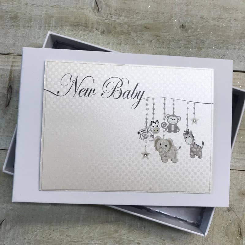 White Cotton Cards – wholesale Keepsake box – Child & baby – Baby Silver Hanging Toys Set with Album, Keepsake Box & Book1