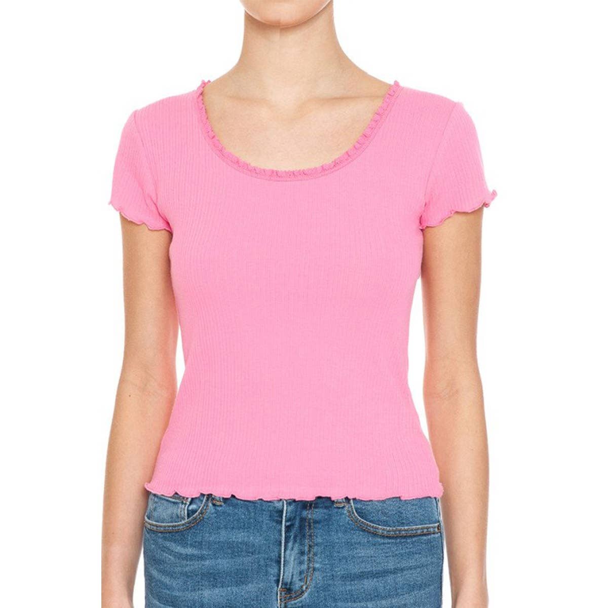 Timeless - Wholesale Knit Top - Women's - LETTUCE LACE TRIMMED SCOOP NECK SHORT SLEEVE TOP15