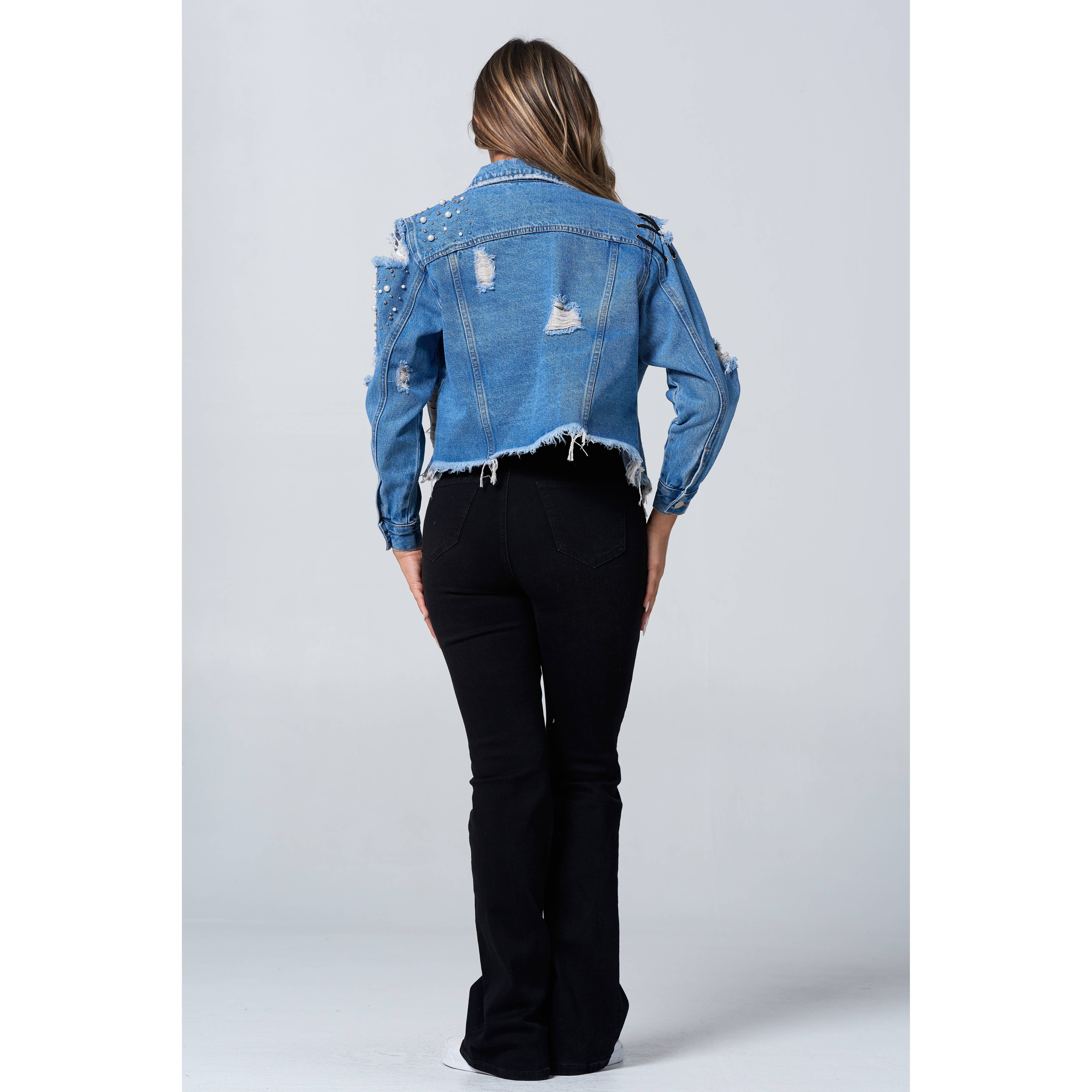 Blue Turtle – wholesale Denim jacket – Women's – Slay Em Distressed Pearl and Rhinestone Denim Jacket Black9