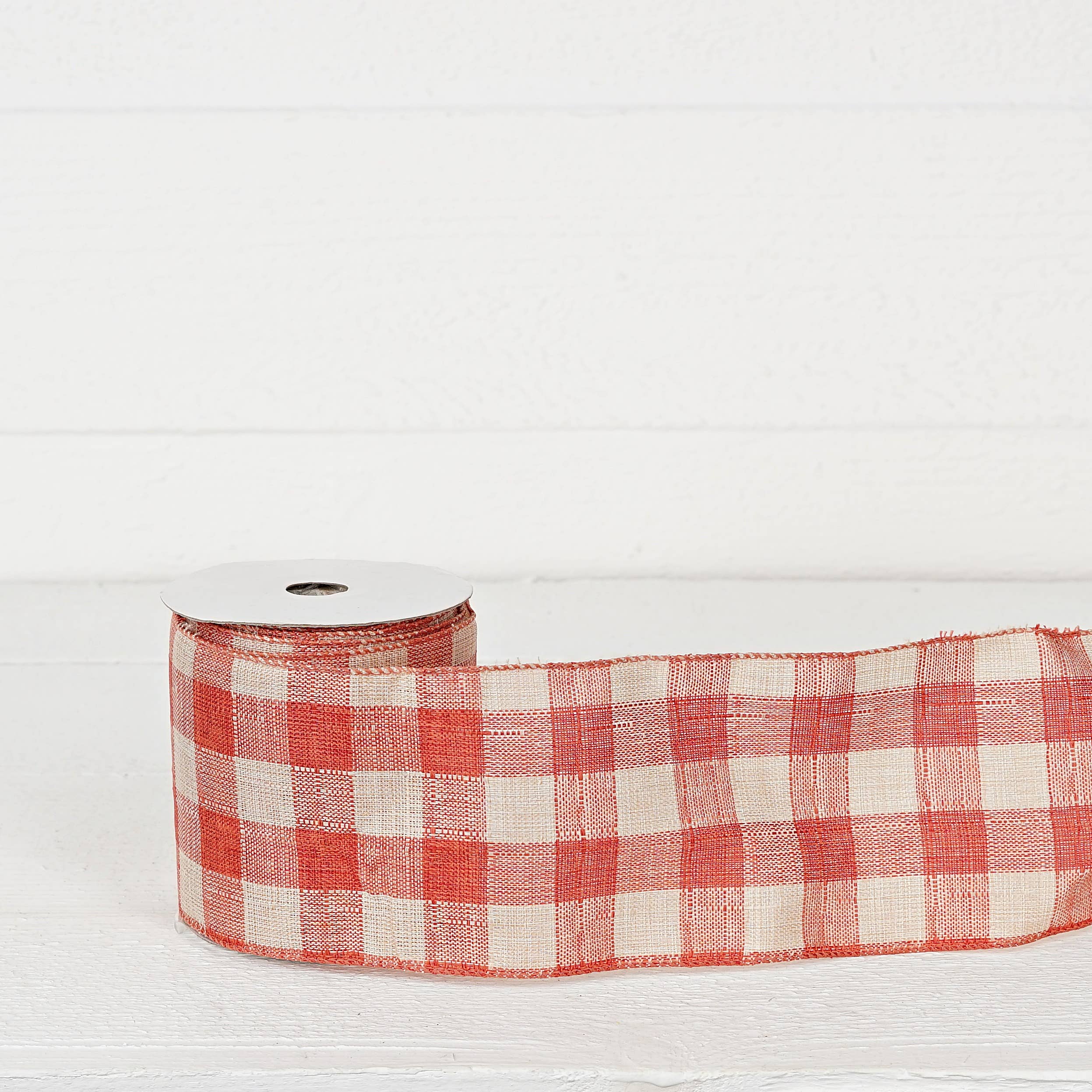 Holiday Depot Inc. - Wholesale Ribbon - Gift Wrapping - R32950-Wired Ribbon-Fabric-Orange/Cream Gingham (4inW)2