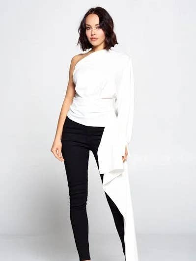 Off White One Balloon Sleeve Cut-Out Top for wholesale by The Steven Wick Company