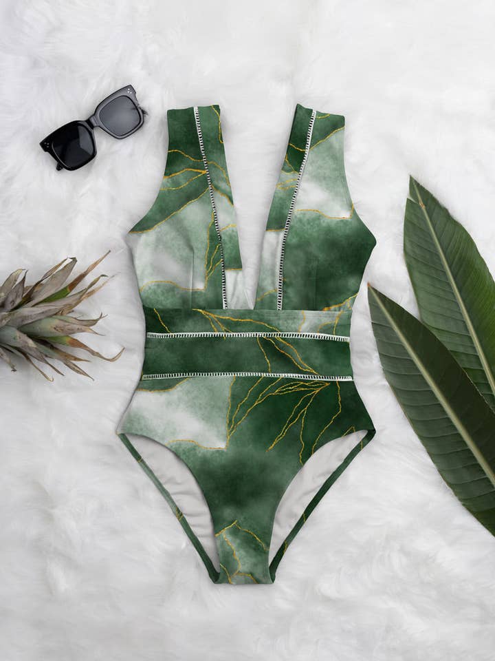Gradient Green Print Jade Deep Plunge One-Piece for wholesale on Faire4