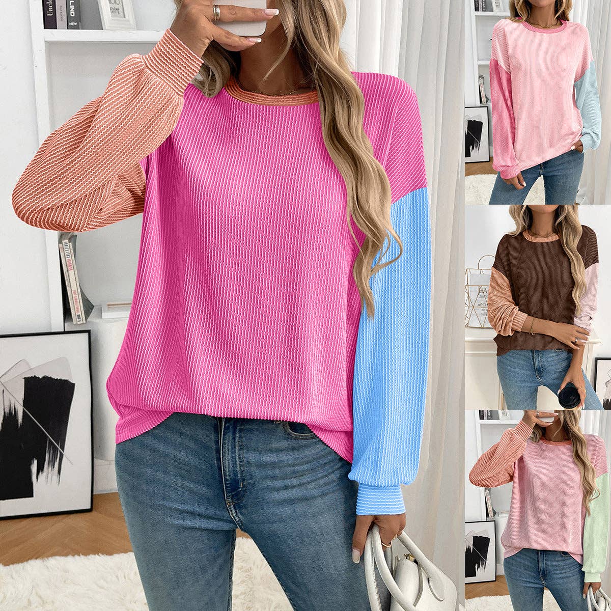 Masyal – wholesale Sweatshirt – Women's – Autumn Winter Casual Color Block Pullover Sweatshirt4