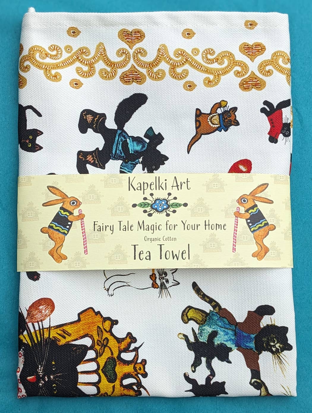 Kapelki Art - Wholesale Tea Towel - Folk art Cats and Kittens organic cotton tea towel1