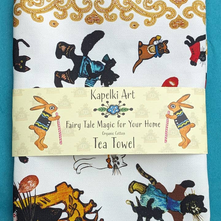 Kapelki Art - Wholesale Tea Towel - Folk art Cats and Kittens organic cotton tea towel1
