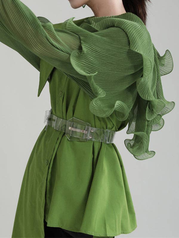 VividLux - Wholesale Blouse - Women's - Long Sleeves Loose Asymmetric Pleated Solid Color Split-Joint Falbala Lapel Blouses&Shirts Tops1