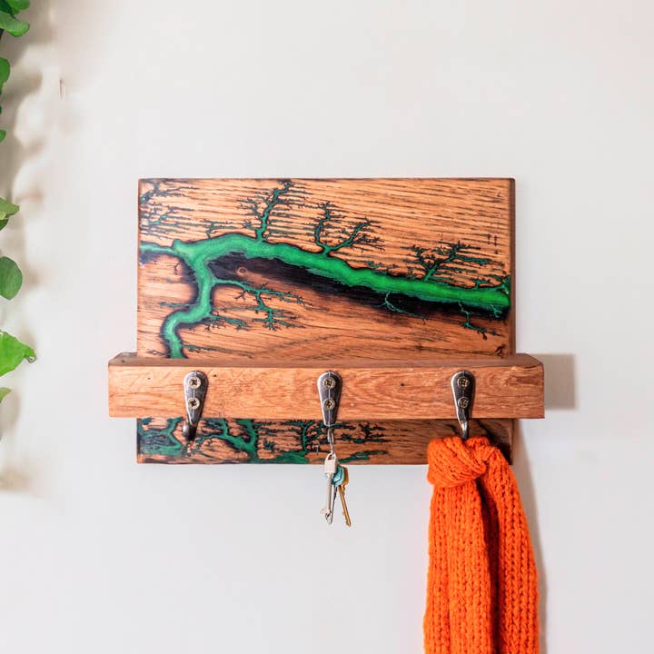 Handmade Lichtenberg Coat and Key Hook With Shelf Oak for wholesale by Wildflower Designs