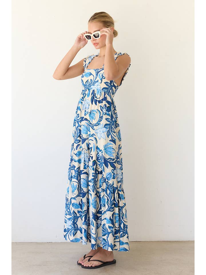 BLUE FLOWER PRINTED MAXI DRESS WITH BACK SMOCKING - RD1154 for wholesale on Faire