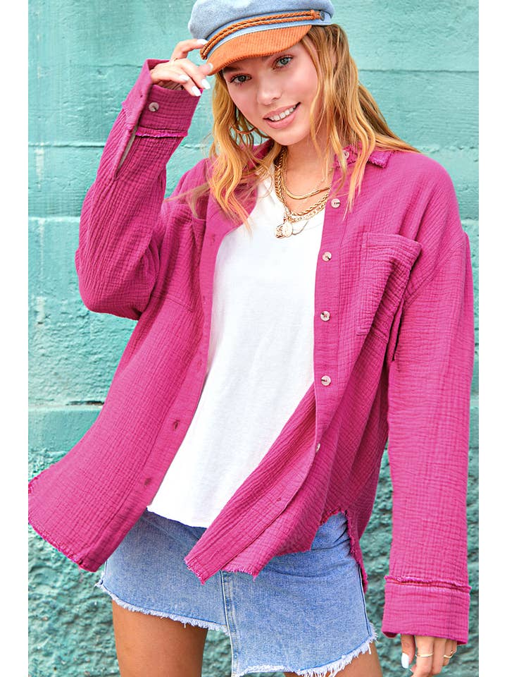 La Miel - Wholesale Button Down Shirt - Women's - SRT7448-Soft Washed Crinkled Gauze Button Down Shirts39