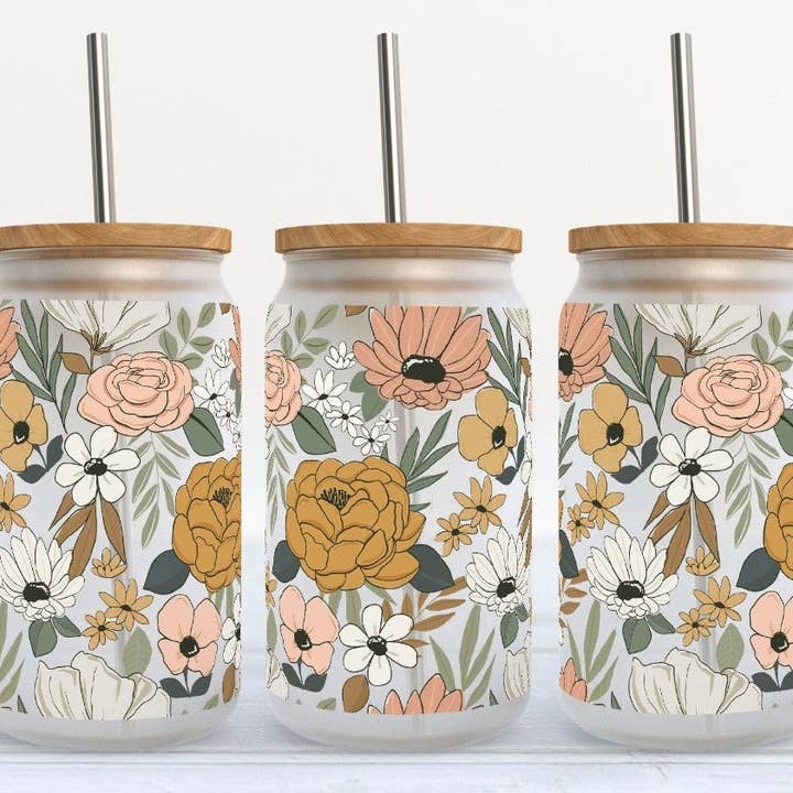 Cute Floral 16oz Libby Glass Tumbler for wholesale by Kate Haven Glass Tumblers for Every Occasion