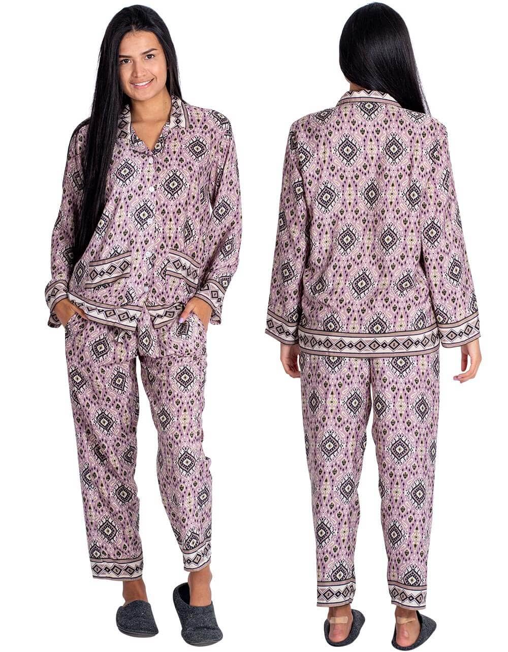 Kimago Look – Conjunto de pijama - Mulher por atacado – Pijamas femininos de seda em duas peças com estampa lilás1