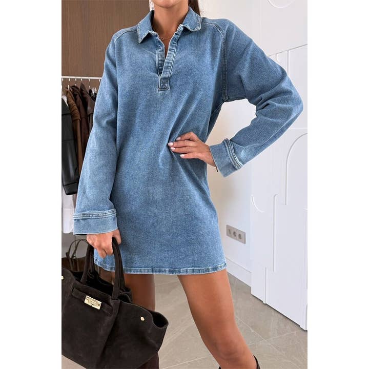 Vestido de Ganga Solto com Gola e Manga Comprida por atacado de Paperdoll