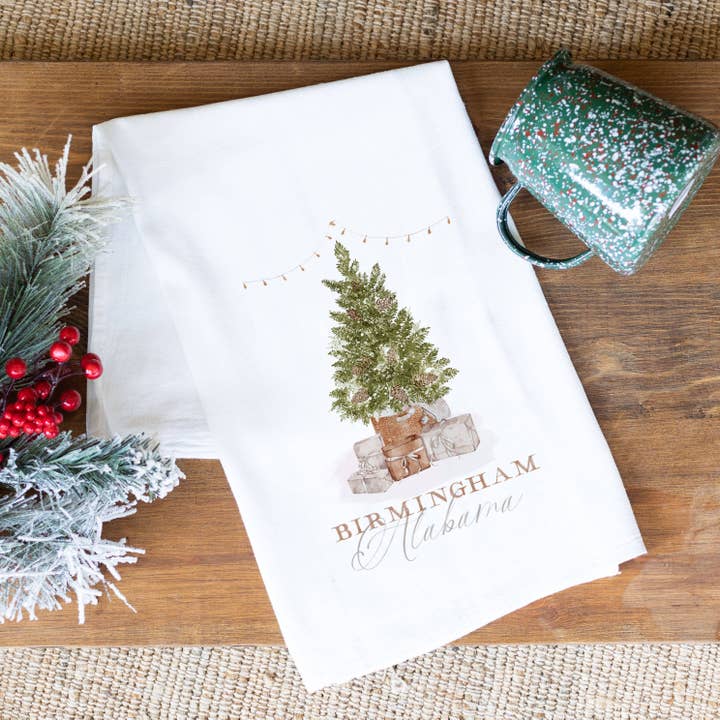 Cottage Tree Customizable Christmas Tea Towel, City, State for wholesale by Love Local