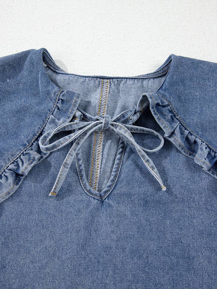 Dusk Blue Ruffled Collared Puff Sleeve Denim Mini Dress for wholesale on Faire15