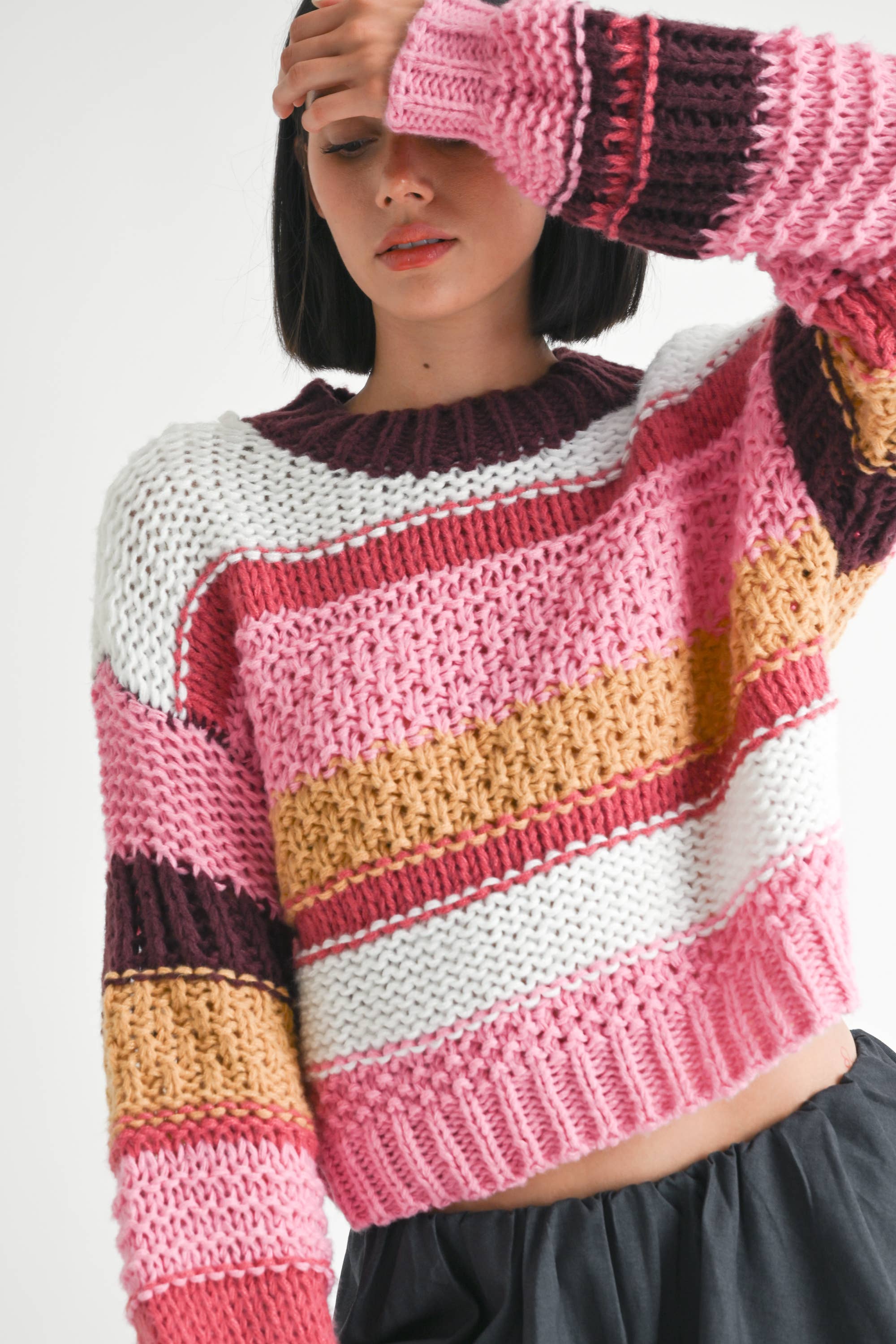 PINK MULTI MOCK NECK STRIPED SWEATER for wholesale on Faire1