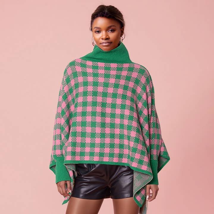 AKA Sorority Roze Groene Geruite Gebreide Poncho voor wholesale door PinktownUSA