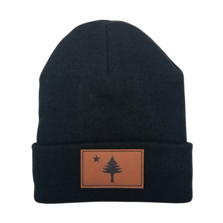 Maine Flag Leather Patch Black Lined Beanie for wholesale by Rogue Life Maine
