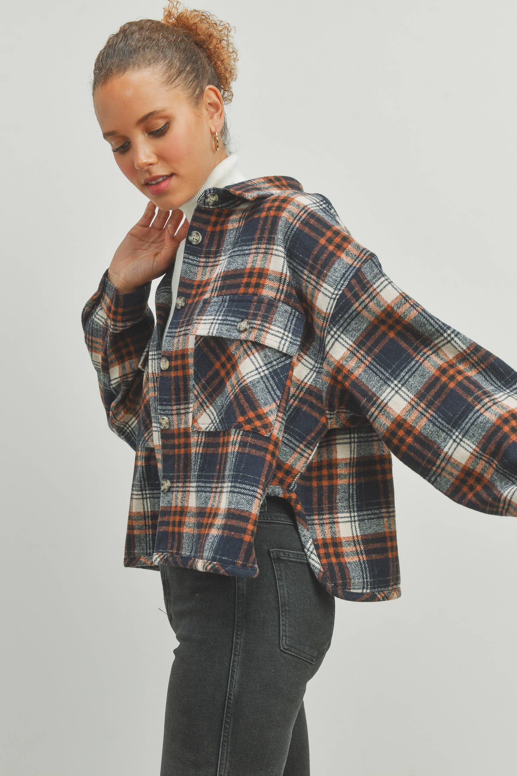 NAVY Plaid Crop Fall Shacket - BMJ7010 for wholesale on Faire4