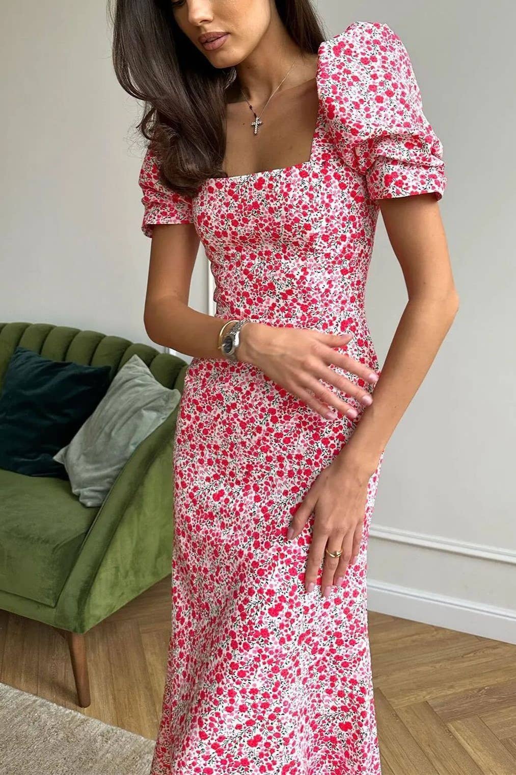 HIDDENBRAND - Wholesale Dress - Women's - Puff sleeve Square collar Floral Dress6