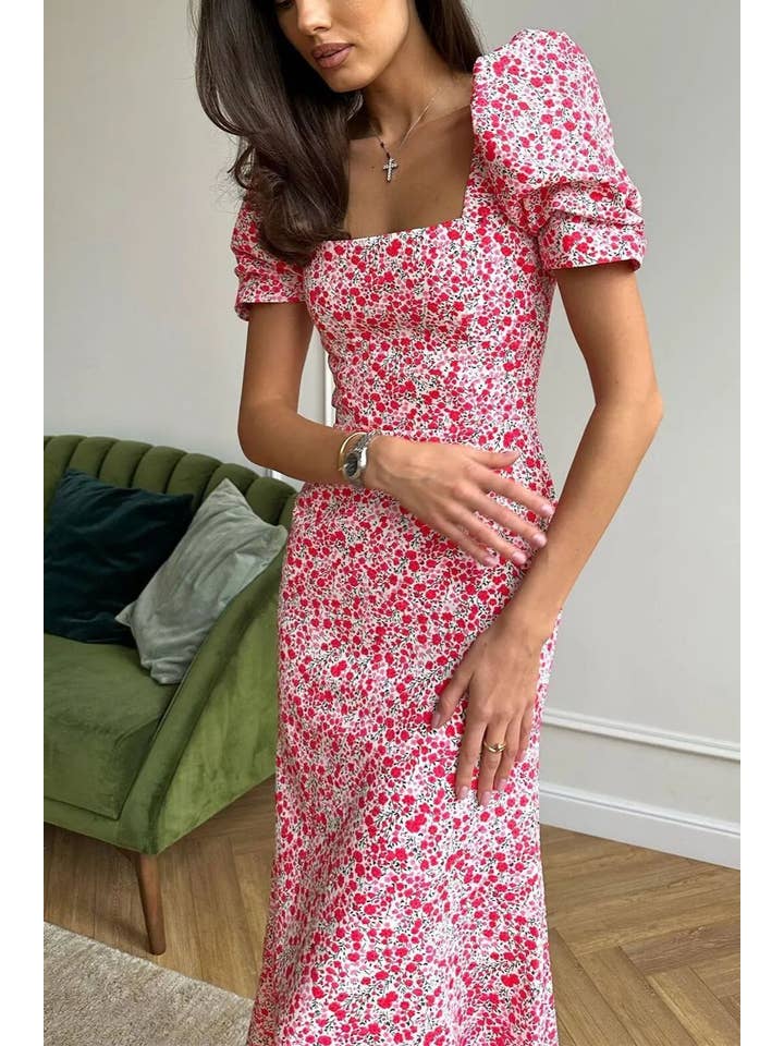 HIDDENBRAND - Wholesale Dress - Women's - Puff sleeve Square collar Floral Dress6