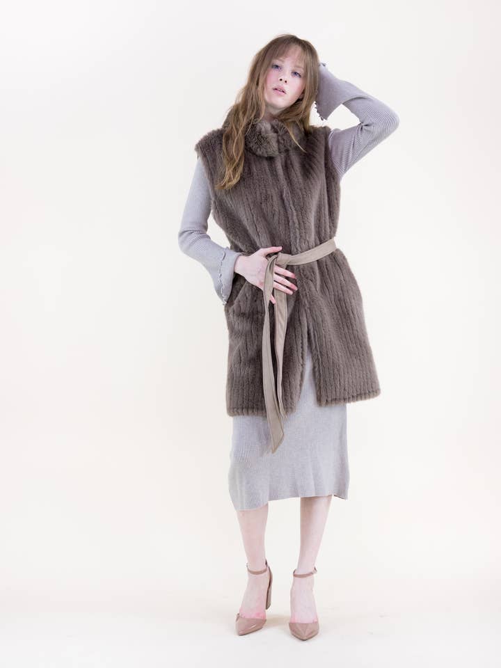 Original USA - Vente Veste sans manches – femme - Gilet ceinturé en fausse fourrure à côtes verticales13