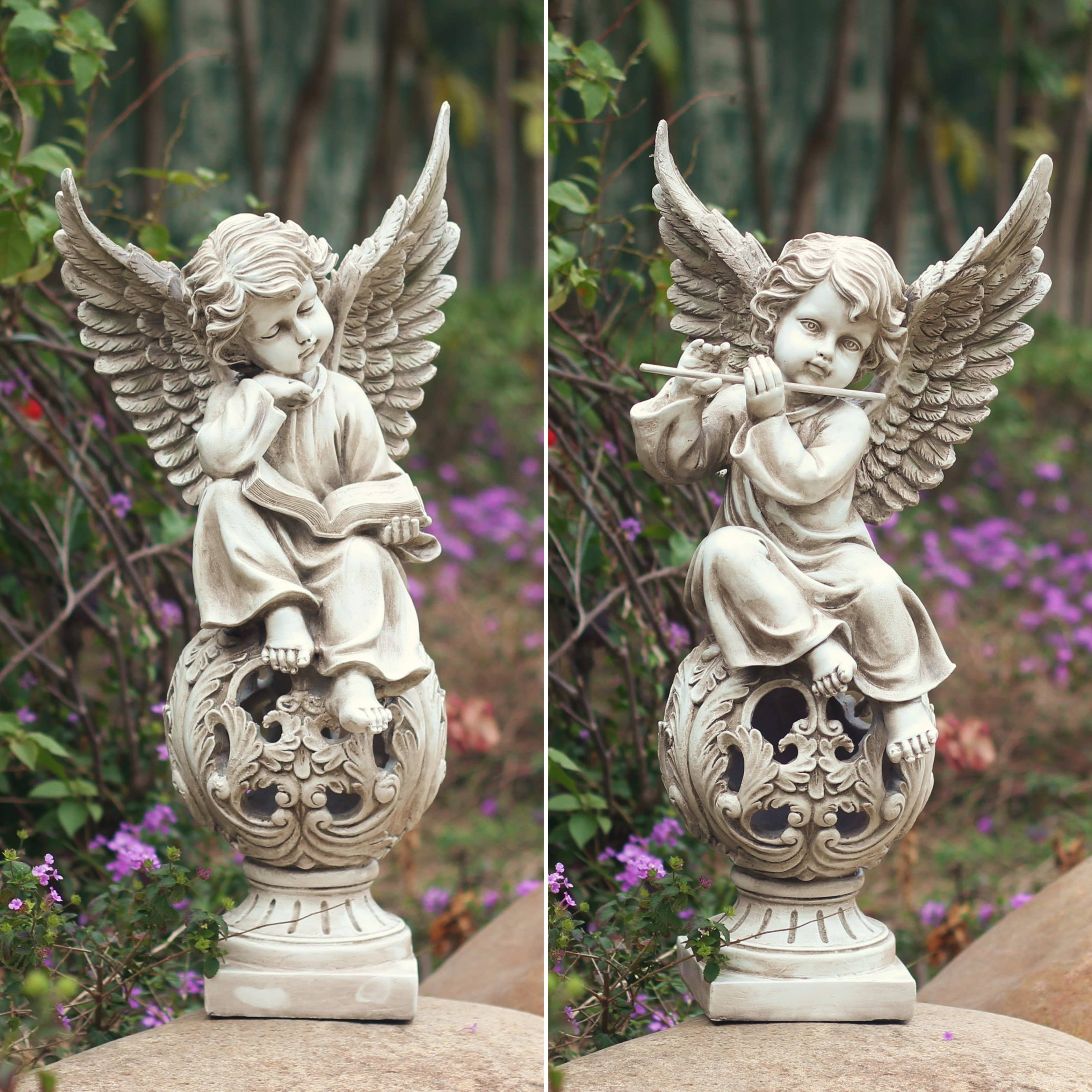 Zaer Ltd. International - Wholesale Outdoor Ornament/Decor - 24" Tall Cherubs on Ornate Pedestals- 2PC/Set1