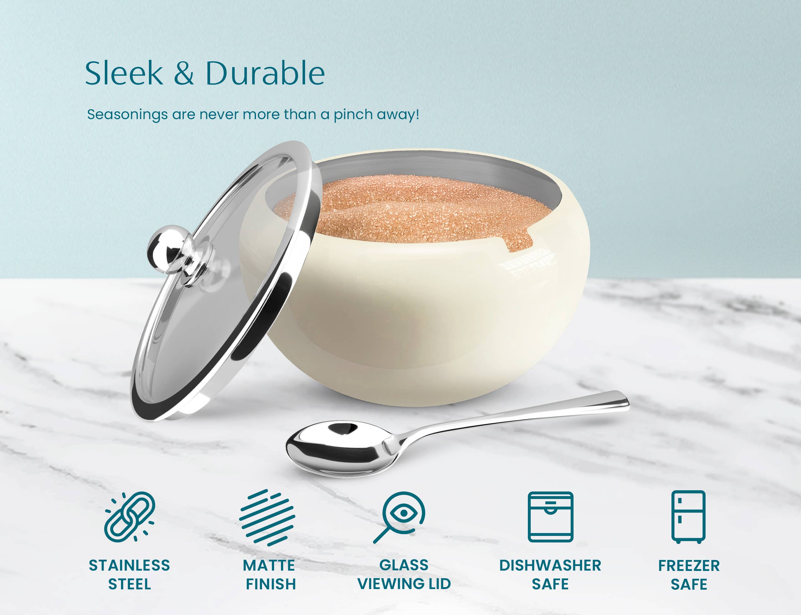 Kook - Wholesale Bowl - Kook Large Stainless Steel Sugar Bowl, Lid & Spoon, 16 oz14