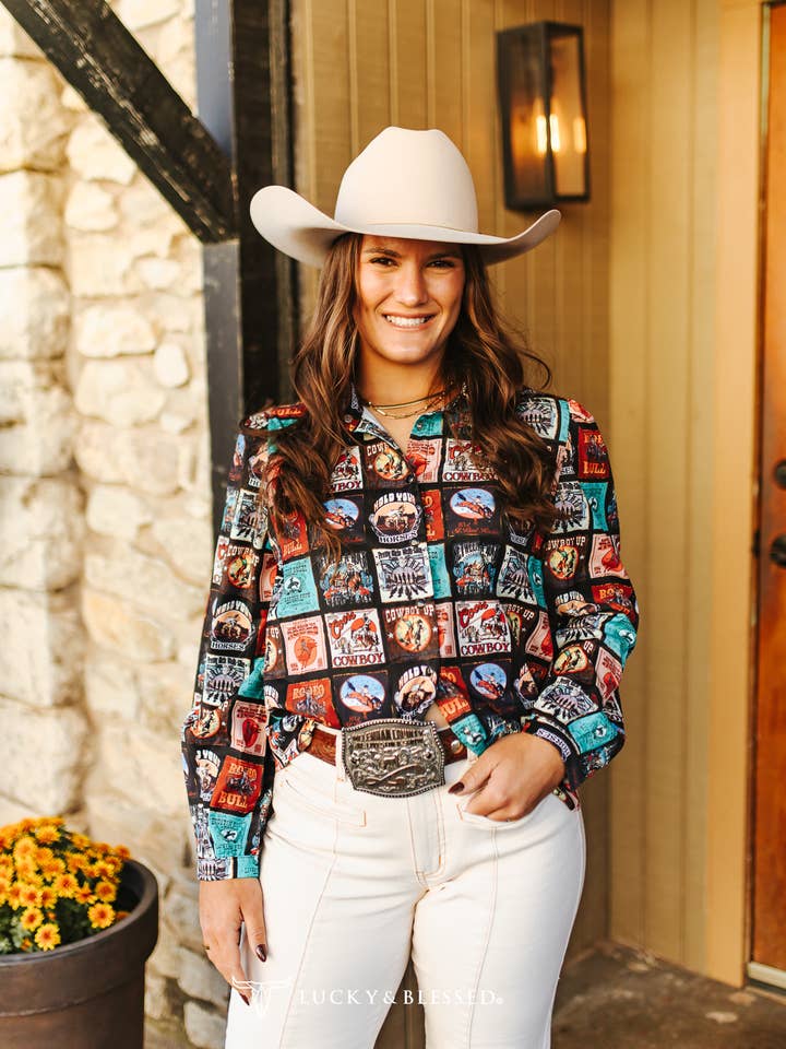 Collage Stamp Western Pearl Snap Puff Long Sleeve Shirt for wholesale by LUCKY & BLESSED