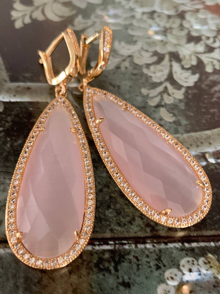 Gold Drop Earrings In Rare Pink Cat'S Eye for wholesale by SIBYLLADELPHICA