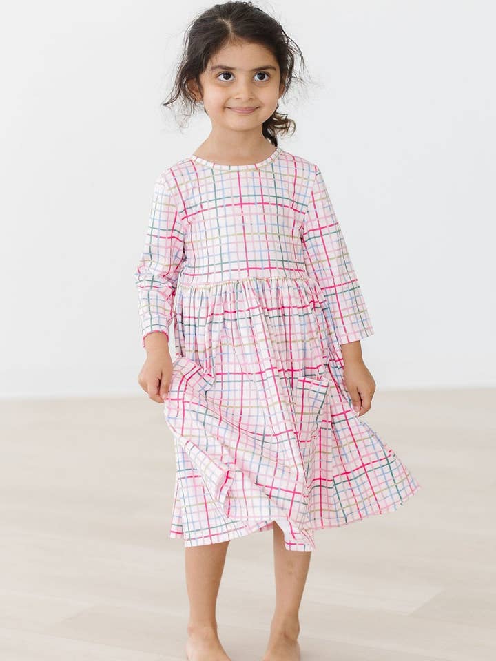 Mila & Rose - Wholesale Dress - Kids - Pink Plaid 3/4 Sleeve Pocket Twirl Dress2