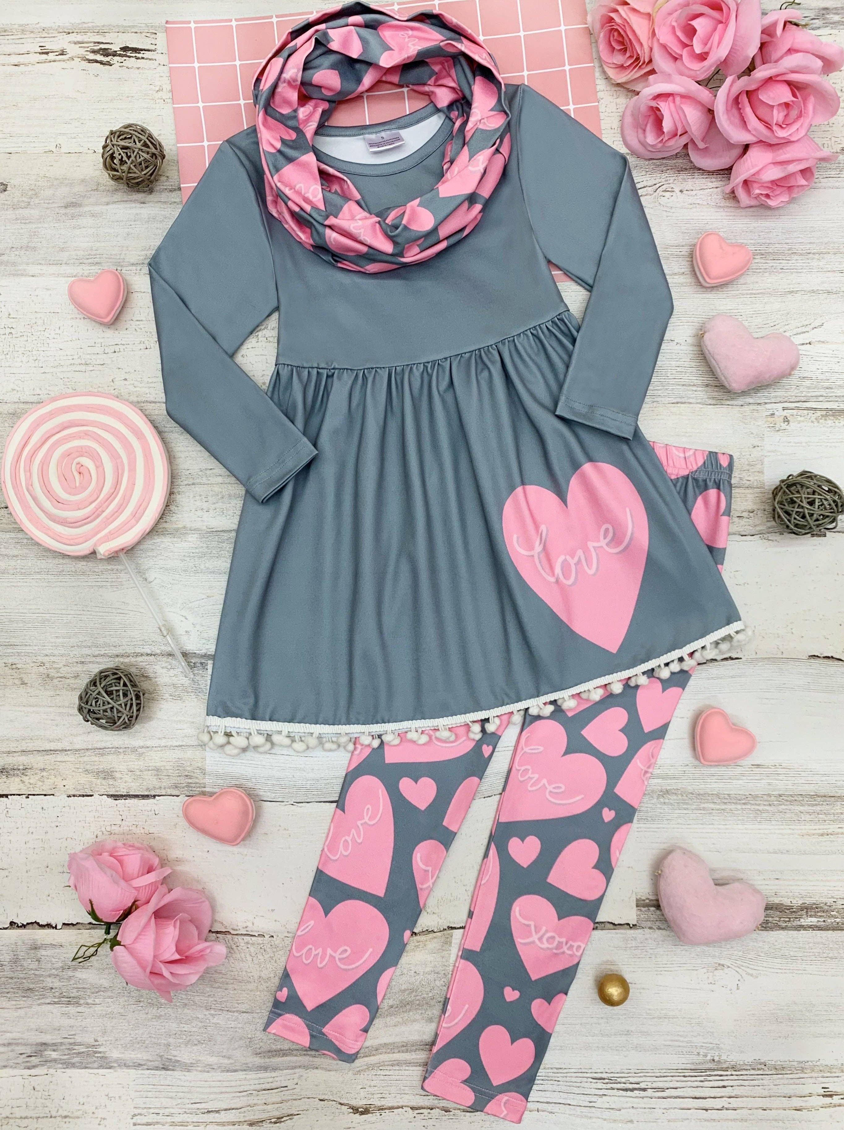 Grey Tunic w/ Pink Heart Graphic, Scarf & Heart Print Legging Set for wholesale on Faire1