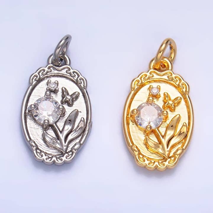 24K Gold Filled CZ Flower Butterfly Oval Charm in Gold & Silver | W383 for wholesale by Aim Eternal