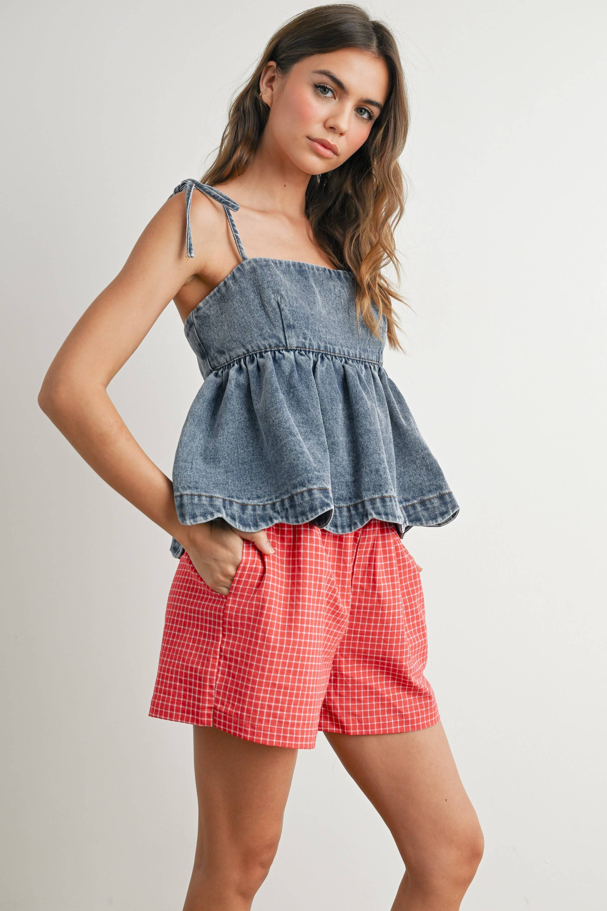 BUTTERMELON - Wholesale Blouse - Women's - Denim Tie-Strap Peplum Top - BMT7722 16