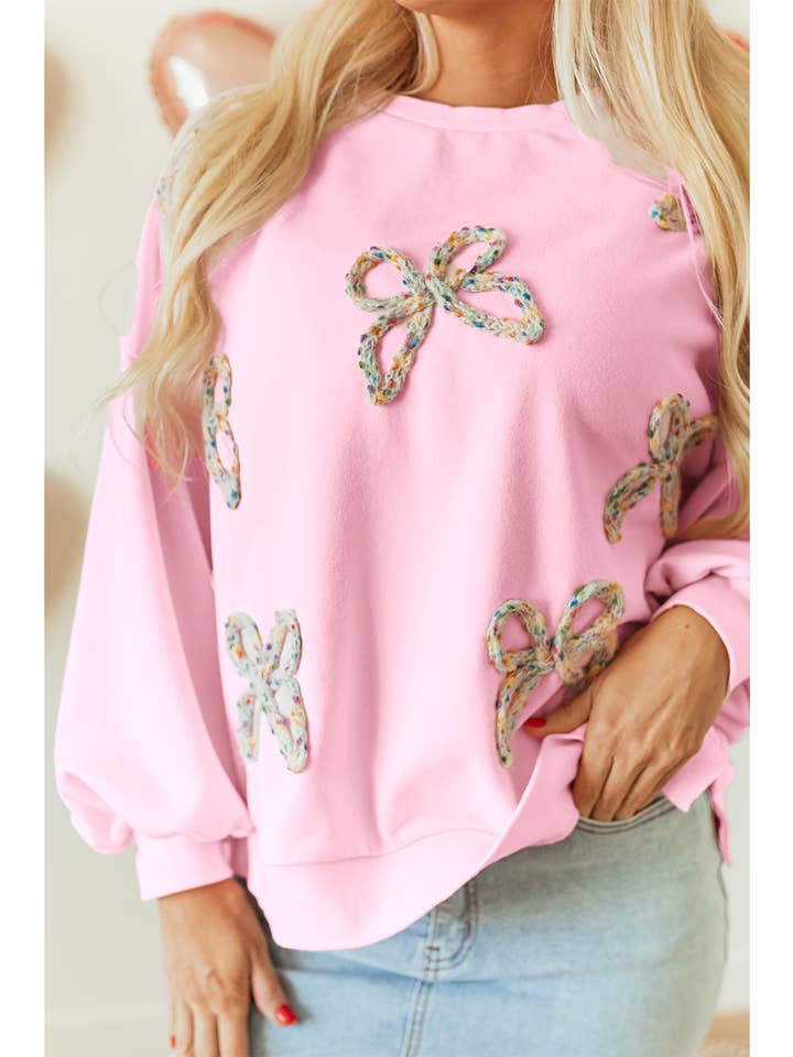 PRETTY BASH - Wholesale Sweatshirt - Women's - Bow Embroidered Lantern Sleeve Sweatshirt