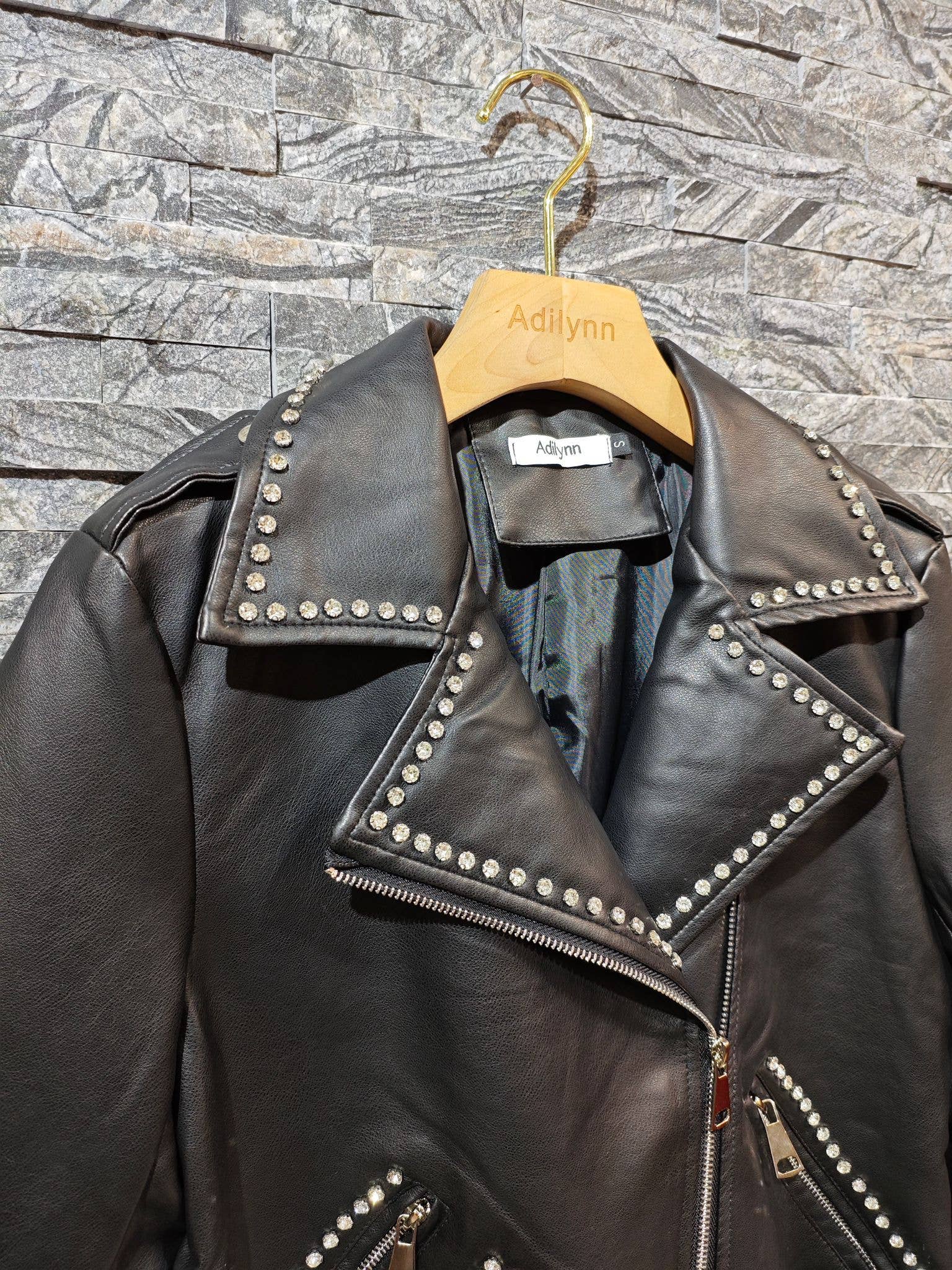 Black Faux leather perfecto jacket with jewels, zip closure 2437 for wholesale on Faire1