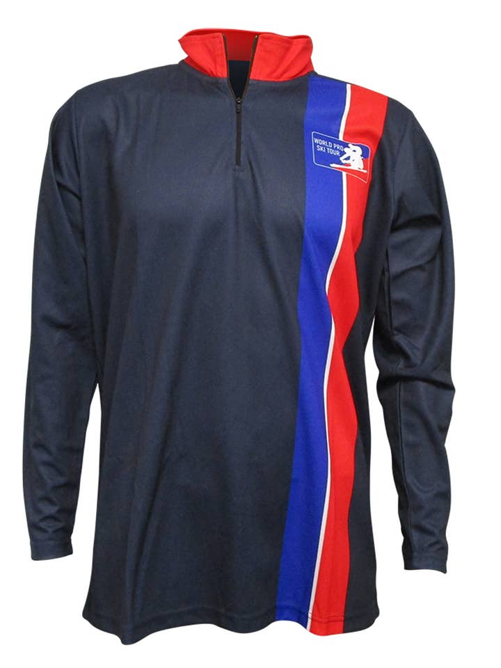 Pulôver de Desempenho com Fecho de 1/4 e Duas Riscas do World Pro Ski Tour - Azul Marinho por atacado de Lowsportgeaar