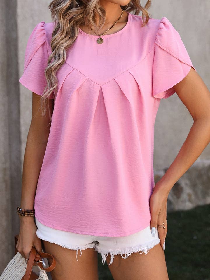 NINEXIS - Wholesale Blouse - Women's - CWTBLS0393_Round Neck Short Sleeve Blouse