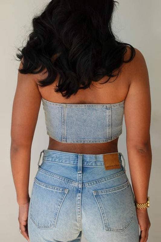 BLUE denim bustier top for wholesale on Faire7