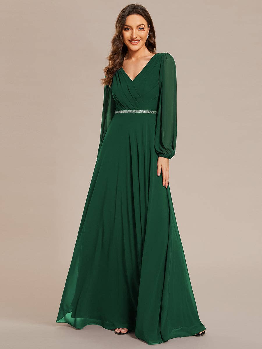 Ever-Pretty - Wholesale Gown - Women's - Elegant waisted chiffon V-neck Long Sleeve guest Dress29