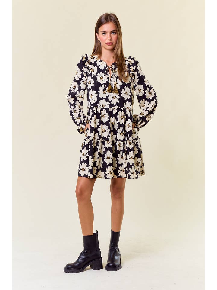 Doe and Rae - Wholesale Dress - Women's - FLORAL PRINT LONG SLEEVE TIERED MINI DRESS - 27817D