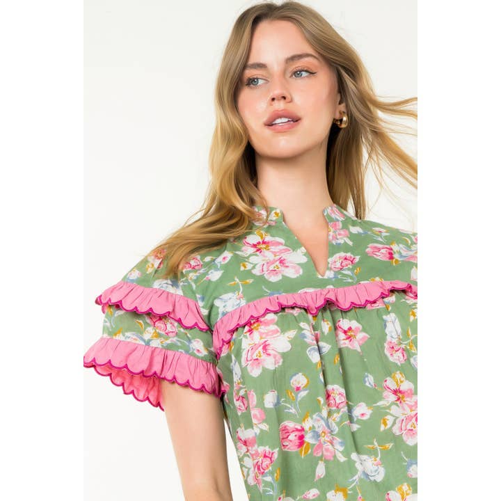 SAGE Ruffle Trim Floral Short Sleeve Top for wholesale on Faire