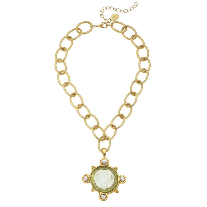 Susan Shaw - Wholesale Pendant/Charm Necklace - Clear Venetian Glass Cross Intaglio and Genuine Freshwater Pearls on Chain Necklace