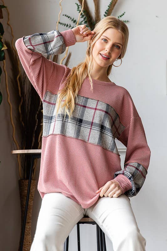 HEIMISH - Vente Haut en maille – femme - HAUT URBAIN CÔTELÉ ET À CARREAUX À MANCHES LONGUES ET7383-138